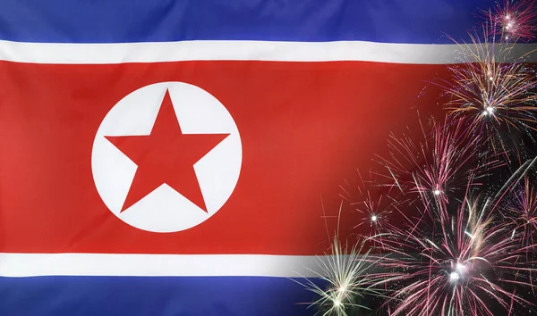 Coreia do Norte Bandeira Fogos de artifício tecido real — Fotografia de Stock