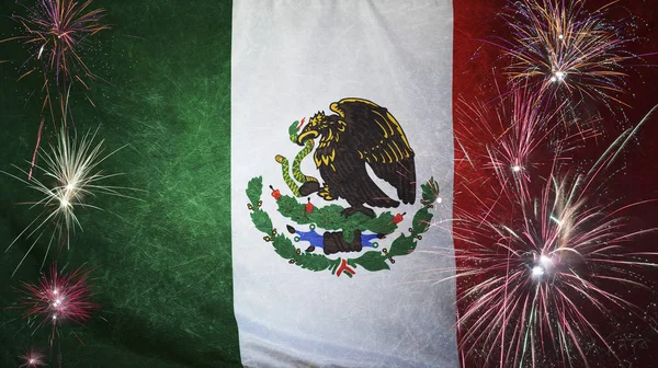 Σημαία Μεξικό πυροτέχνημα Grunge έννοια πραγματικό ύφασμα — Φωτογραφία Αρχείου