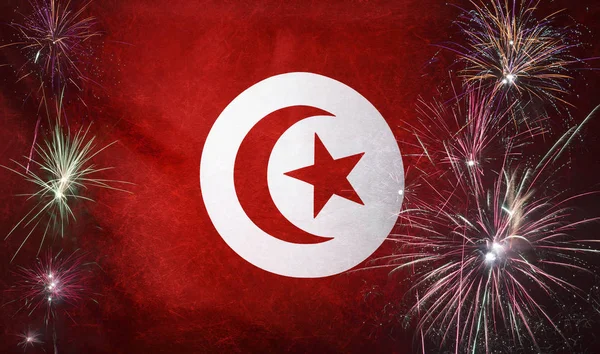 Tunisia Bandiera Fuochi d'artificio Grunge Concept tessuto reale — Foto Stock