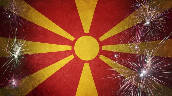 Macedonia flaga fajerwerk ilustracja koncepcja prawdziwy tkanina — Zdjęcie stockowe