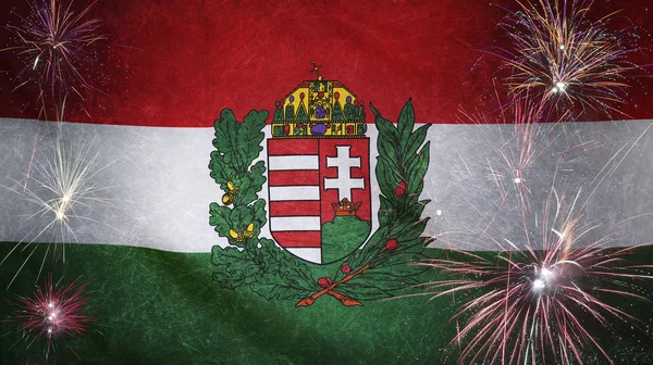 Bandera de Hungría Firework Grunge Concept tela real — Foto de Stock