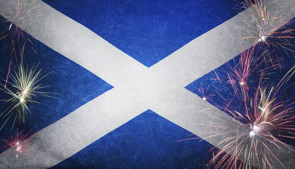 Skócia zászló tűzijáték Grunge koncepció valódi szövet — Stock Fotó