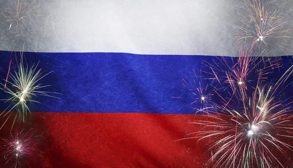 Rusia Bandera Fuegos artificiales Grunge Concept tela real — Foto de Stock