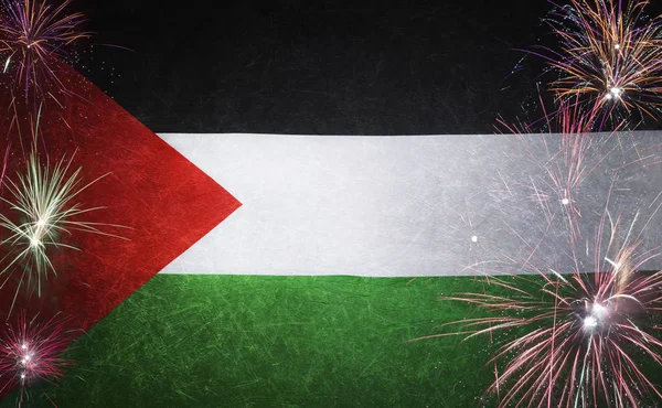 Estado da Palestina Bandeira Fogos de artifício Grunge Concept tecido real — Fotografia de Stock