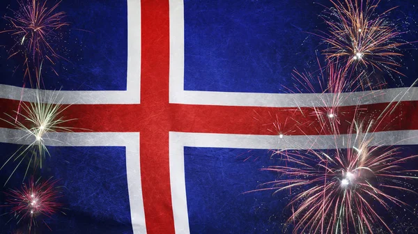 Island Flagge Feuerwerk Grunge Konzept echten Stoff — Stockfoto