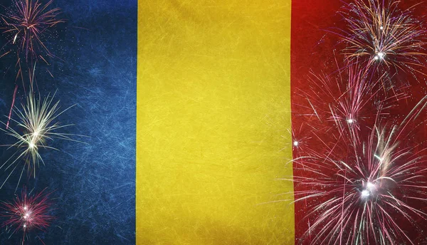 Roemenië vlag vuurwerk Grunge Concept echte stof — Stockfoto