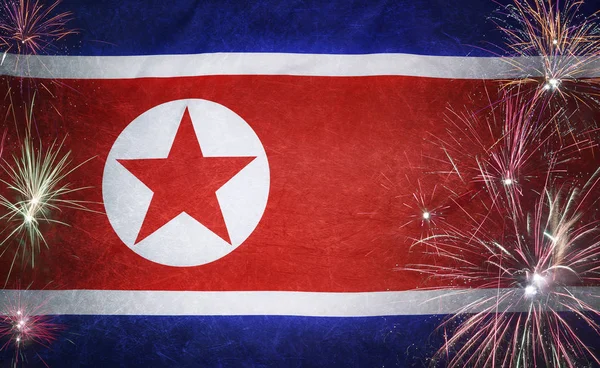 Norte Coreia Bandeira Fogos de artifício Grunge Concept tecido real — Fotografia de Stock