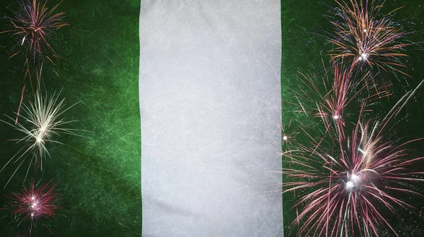 Nigeria flaga fajerwerk ilustracja koncepcja prawdziwy tkanina — Zdjęcie stockowe