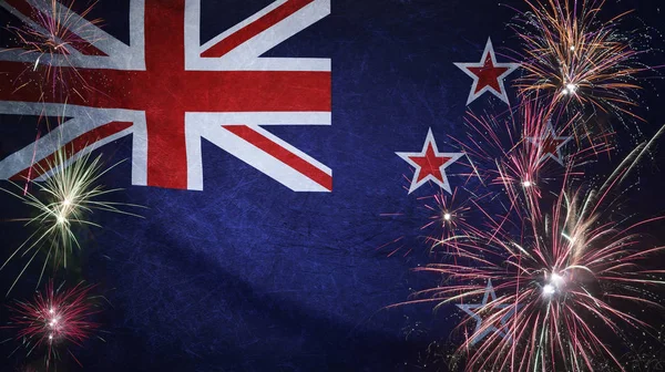Bandeira da Nova Zelândia Firework Grunge Concept tecido real — Fotografia de Stock