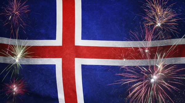 冰岛国旗烟花 Grunge 概念真正织物 免版税图库照片