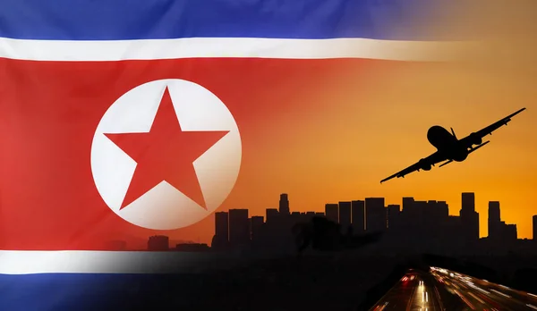 Tecido da Coreia do Norte Bandeira Viagens e Transporte Conceito — Fotografia de Stock