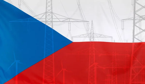 Energiekonzept Tschechische Republik Flagge mit Strommast Stockfoto