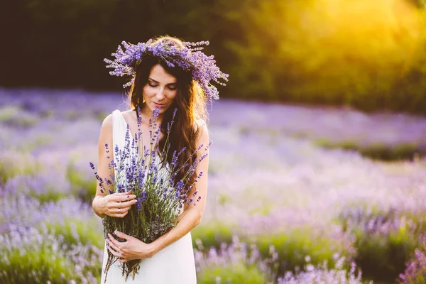 美丽的女人穿着白衣 日落时分在田里采摘薰衣草花 — 图库照片