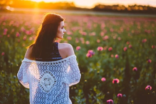Молода Красива Жінка Позує Полі Заході Сонця — стокове фото