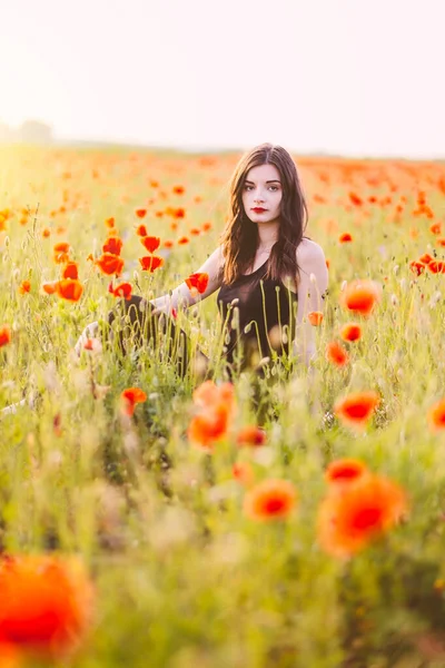 Jeune Belle Femme Posant Dans Champ Coucher Soleil — Photo