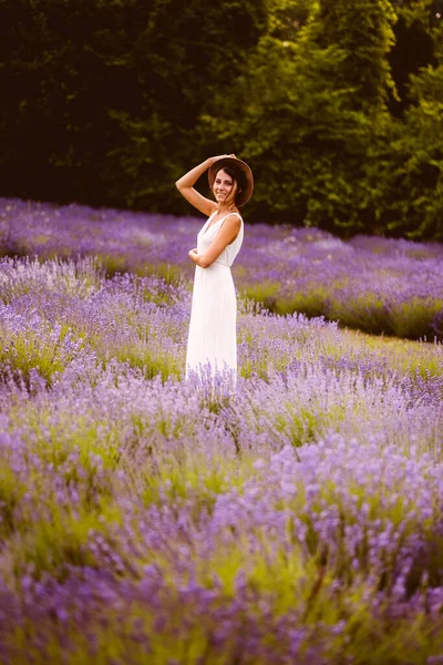 Bela Mulher Vestido Branco Posando Entre Flores Lavanda Campo Pôr — Fotografia de Stock