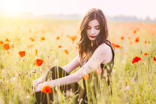 Junge Schöne Frau Posiert Feld Bei Sonnenuntergang — Stockfoto