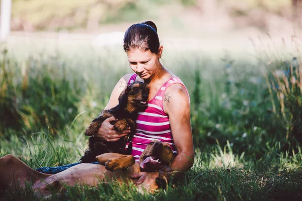 Menina Com Cão Senta Grama Pôr Sol — Fotografia de Stock