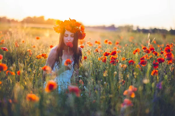 Ung Vacker Kvinna Poserar Fält Vid Solnedgången — Stockfoto