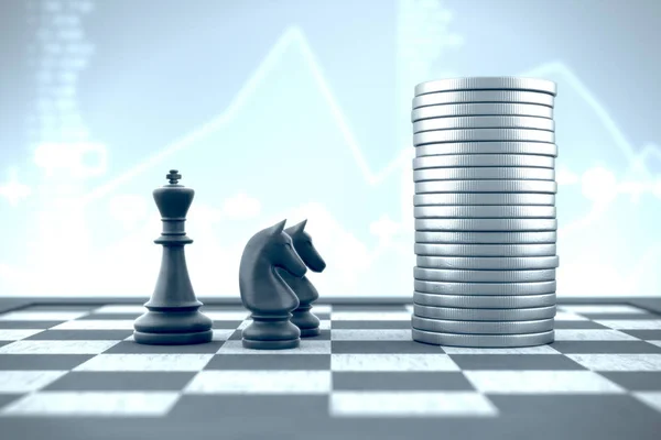 Schackbräde, svart kung och riddare på blå finansiella bakgrund — Stockfoto
