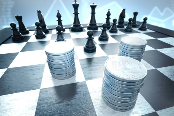 Finanzen: Investitionen vor schwarzen Schachfiguren auf blauem Infograp schützen — Stockfoto