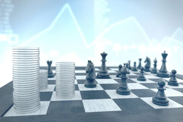 Finance: Successful chess tactics to achieve business target on a blue in — Stock Photo, Image