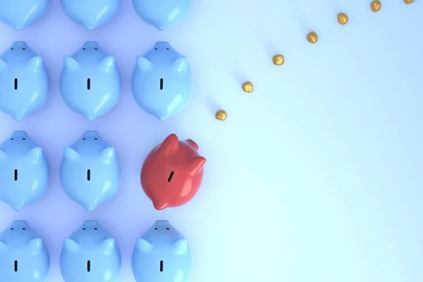 Red piggy bank found gold path on blue background