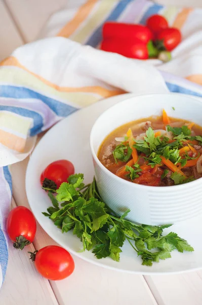 Asian traditional soup lagman with noodle and meat — Stock Image Asian traditional soup lagman with noodle and meat Stock Photo