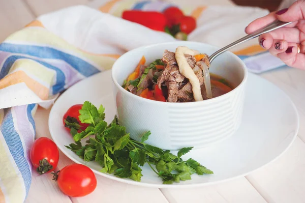 Asian traditional soup lagman with noodle and meat — Stock Image Asian traditional soup lagman with noodle and meat Stock Photo