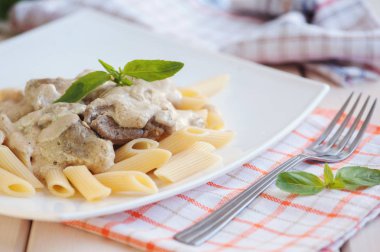 Penne makarna ile et ve beyaz sos bir plaka üzerinde