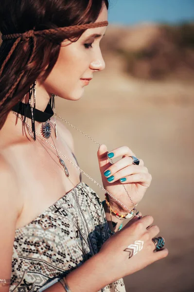 Close up of attractive young woman wearing boho accessories — Stock Photo, Image