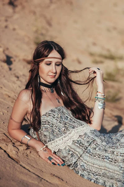 Close up of attractive young woman wearing boho accessories — Stock Photo, Image