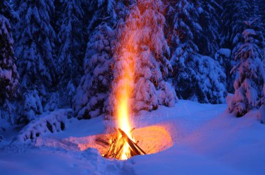 Kar kış ormandaki şenlik ateşi yanar. 
