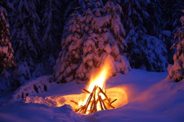 Kar kış ormandaki şenlik ateşi yanar. 