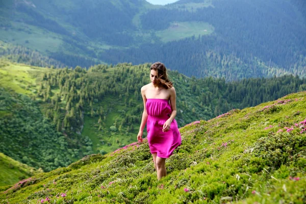 Flickan åtnjuter landskap i bergen i Karpaterna. — Stockfoto