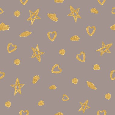 Gri-bej arka planda altın yıldızlar, kalpler ve suluboya lekeleri olan suluboya desenler, Sevgililer Günü, Noel, hediye paketi, duvar kağıdı, tekstil