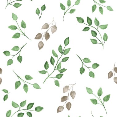 Yeşil ve gümüş dallı suluboya desenler, beyaz arkaplanda yapraklar. Tekstil için el çizimi, selamlar, duvar kağıdı.