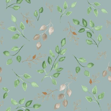 Mavi-yeşil arka planda yeşil ve gümüş dalları, yaprakları ve altın elementleri olan dikişsiz suluboya deseni. Tekstil için el çizimi, selamlar, duvar kağıdı.