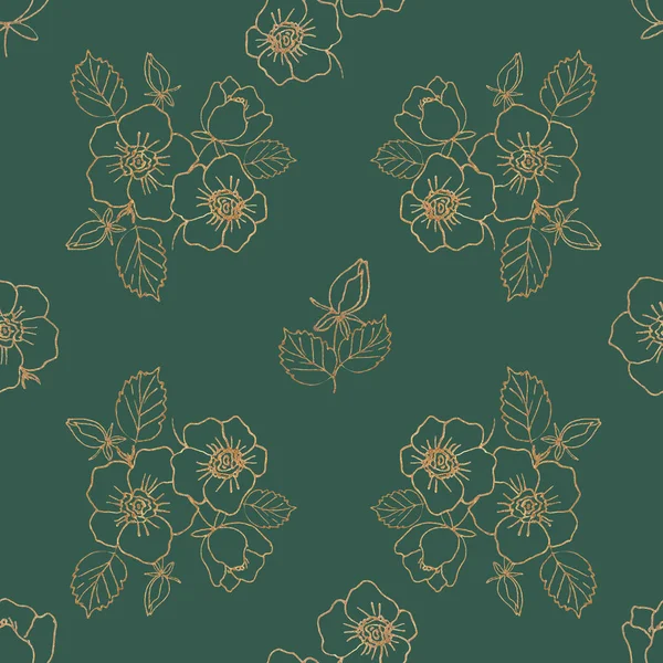 Seamless Floral Pattern Hand Drawn Golden Marker Patina Green Background — Stock Photo, Image