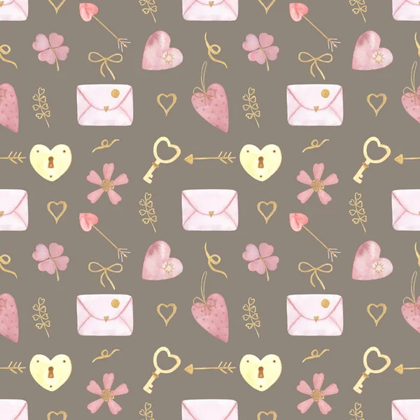 Seamless Simple Watercolor Pattern Strawberries Pink Chocolate Gold Elements Brown — Stock Photo, Image