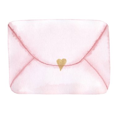 Beyaz arka planda izole edilmiş, altın bir kalple mühürlenmiş pembe bir zarfın suluboya el çizimi. Sevgililer günü için, düğün dekoru, romantizm, selamlar, tebrik kartları..