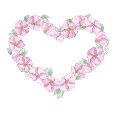 Sevgililer günü için mor çiçeklerin suluboya çerçeveli kalbi, beyaz bir arka planda izole. Selamlar, düğün dekorları, romantizm, tekstil, hediyeler için basit el çizimleri..