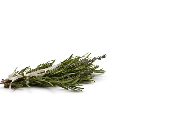 Composition Fragrant Herbs Rosemary Thyme Black Pink White Peppercorns Copper — Stock Photo, Image