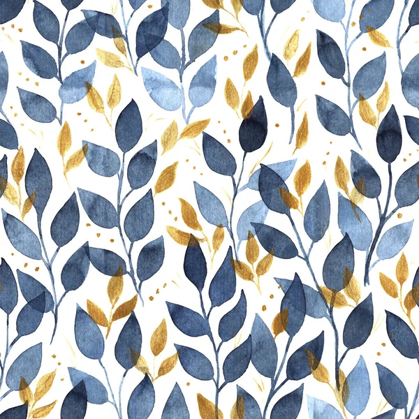 Seamless Watercolor Pattern Branches Blue Gold Leaves Isolated White Background — Stock Photo, Image