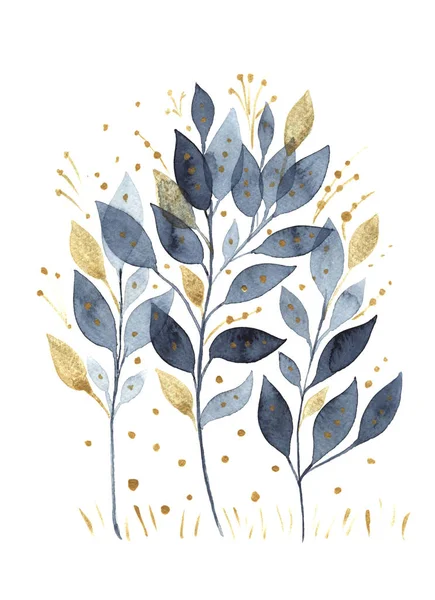 Dessin Aquarelle Tiré Main Branches Avec Des Feuilles Bleues Dorées — Photo