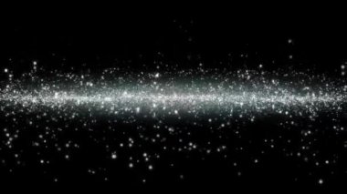 Merkezden uçan gümüş parçacıklarının soyut arkaplanı, parçacık dalgası, döngülenmiş video.