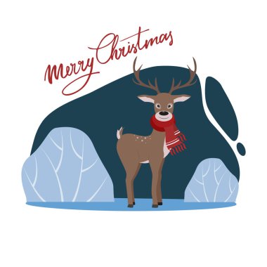 Kış ormanındaki komik geyik. Düz çizgi film tarzı çizim. Davetiyeler, kartpostallar, posterler ve daha fazlası için mükemmel..