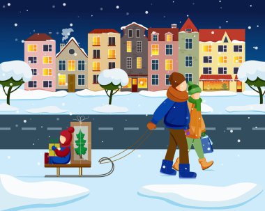 Güzel karlı kış manzarası. Mutlu bir aile Noel alışverişinden sonra şehir caddesinde birlikte yürüyüp eğleniyor. Düz çizgi film biçimi illüstrasyonu.
