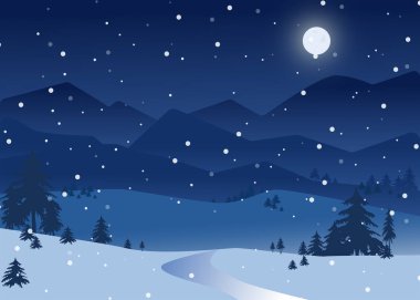 Sıcak, karlı bir gece sahnesi. Güzel bir kış geçmişi var. Ay ışığı manzarası.