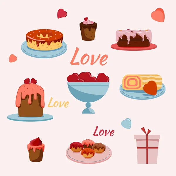 Flat Style Bakery Icons Valentine Day Decorations — Stock Vector